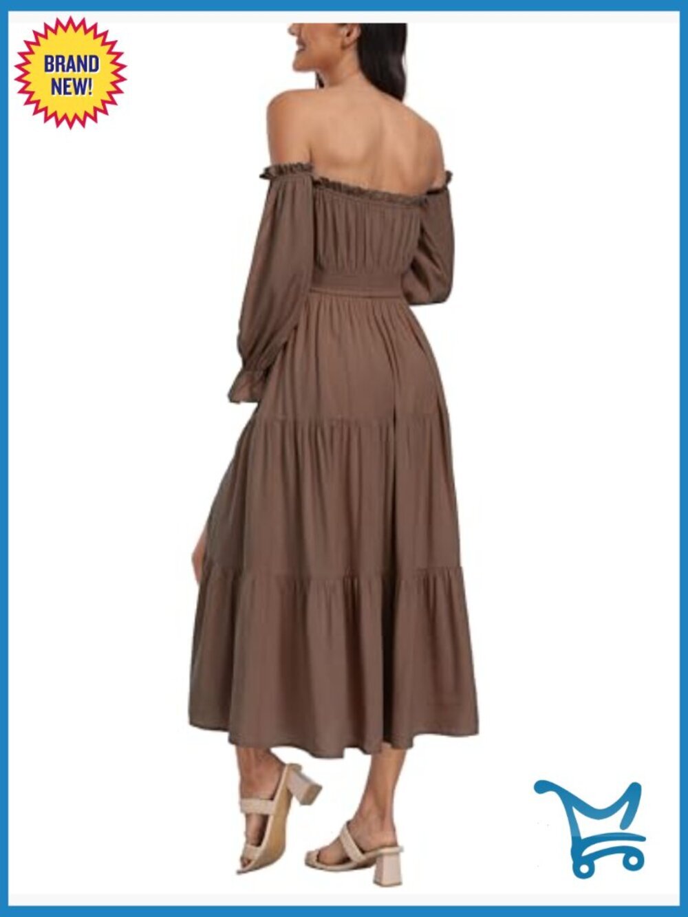 Off Shoulder Maternity Dress, Long Sleeve Side Split Flowy A Line Maxi Dress - Picture 6 of 7